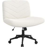 Silla de Oficina sin Reudas, Silla Piernas Cruzadas con Función Mecedora, Silla de Escritorio Ancha para Juegos, Silla de Maquillaje sin Brazos para Casa, Marfil - details 9