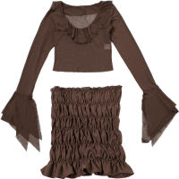 BUNO-Conjunto de 2 piezas con transparencias de gato extraño para mujer, Tops cortos con solapa y cuello oblicuo y manga acampanada + minifaldas ajustadas con niveles, traje elegante de tendencia - details 19