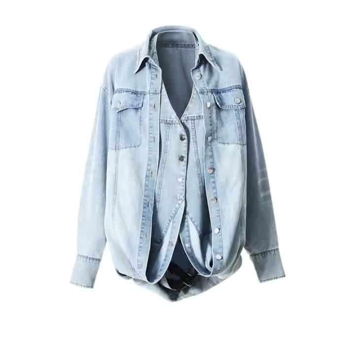 Chaleco de cuello halter, camisa de mezclilla 2025, moda femenina, manga larga, top casual de calle con cuello vuelto - 1