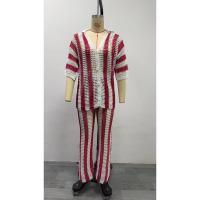 Conjunto de verano para mujer, camisa a rayas con cuello en V y pantalones anchos de punto holgado - details 29