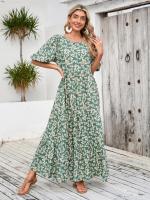 Vestido suelto de manga media con cuello redondo y falda larga floral informal retro de talla grande - details 1