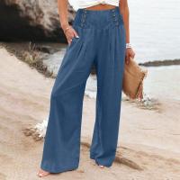 Pantalones largos sueltos de lino y algodón de pierna ancha para mujer con cintura elástica informal de primavera y verano - details 11