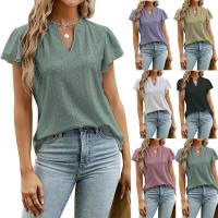 2025 primavera y verano europeo y americano nuevo jacquard con cuello en v mangas apiladas camiseta de manga corta top ropa de mujer - details 0
