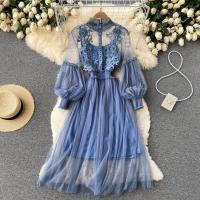 Vestido de Mujer de Cintura Alta y Delgado con Estilo de Red de Flor de Tres Dimensiones - details 7