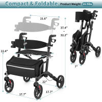 Andador con ruedas para personas mayores, andador plegable liviano con asiento soporta 250 lb, ruedas grandes de 8" para todo terreno, ajuste de altura dual, andadores de aluminio con respaldo ultra de 5" para personas mayores negro negro - details 3