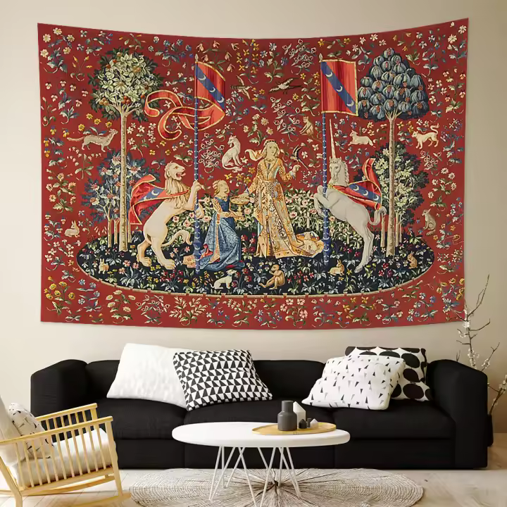 Tapiz Medieval de Señora y Unicornio Decoración Multifuncional para el Hogar Colcha, Manta, Estera - 1
