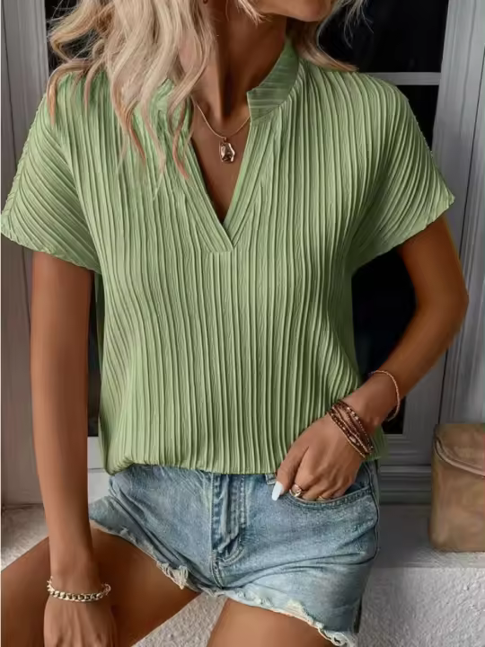 Nuevas Camisetas de Verano para Mujer 2025 Estilo Europeo Americano Cuello en V Rayas Manga Corta - 1