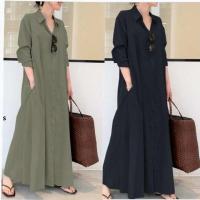 Vestidos sencillos e informales de Color liso para mujer, vestidos largos holgados con solapa y manga de un solo pecho, Vestidos para ir al trabajo - details 0