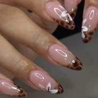 24 Piezas De Uñas Postizas Cortas Cuadradas Estilo Francés Con Flores + 1 Pegamento + 1 Lija Para Uñas - details 6