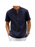Camisa De Algodón Y Lino Para Hombre Estilo Casual Vintage Con Bolsillo Y Cuello Henley Camiseta De Color Sólido Para Playa Y Calle - details 6