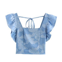 OUWU- Top Corto De Jacquard Azul Para Mujer, Camisas Ajustadas Retro Con Mangas Voladoras Y Cuello Cuadrado En La Espalda, Blusa Y2k Con Cordones Para Primavera Y Verano - details 0