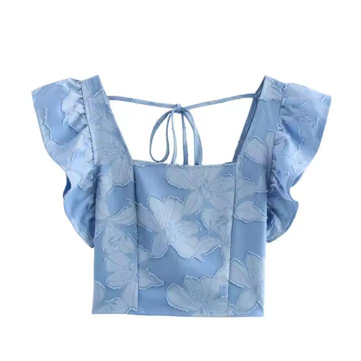 OUWU- Top Corto De Jacquard Azul Para Mujer, Camisas Ajustadas Retro Con Mangas Voladoras Y Cuello Cuadrado En La Espalda, Blusa Y2k Con Cordones Para Primavera Y Verano - 1