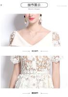 Calidad verano con cuentas Dias bordado Beige blanco encaje vestido de noche mujeres manga corta volante Peplum Midi vestidos de graduación largos - details 10