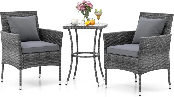 Juego de Muebles de Jardín 3 Piezas, 2 Sillones con Cojines y 1 Mesa con Tablero de Cristal, Conjunto de Muebles de Ratán para 2 Personas, Juego de Bistró para Balcón, Patio (Beige) - 1