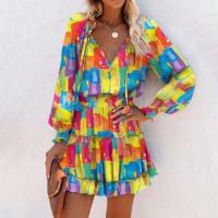 Vestido Mini de Impresión Colorida Cuello en V, Cintura Elástica, Mangas Largas, Chifón para Mujeres Primavera-Verano - details 15