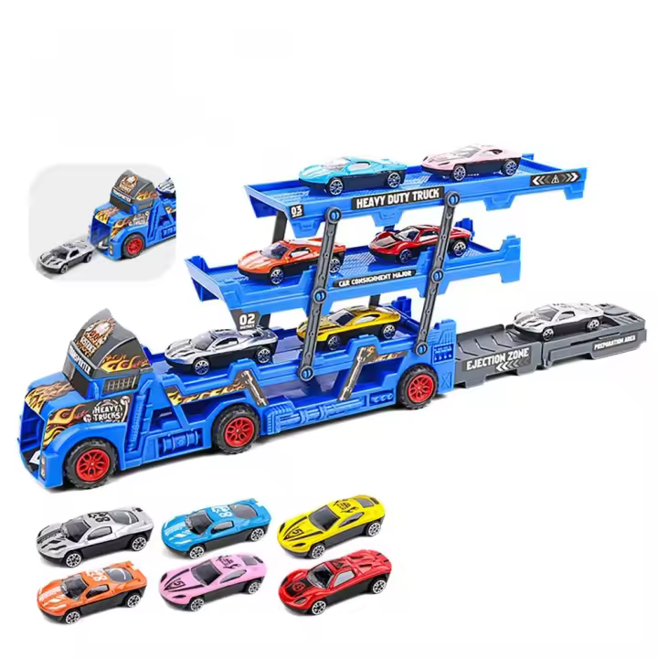Juego de coches de juguete 6 en 1, remolque de camión grande de 3 capas, remolque de eyección plegable, camión para niños, colección de juguetes para niños, regalo de Navidad - 1