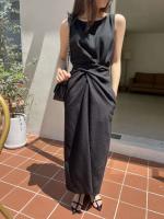 Vestido Vintage de moda versión coreana para mujer, Túnica de verano para oficina madura, sin mangas, Color sólido, temperamento, Vestido suave - details 23