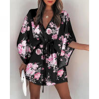 Traje de baño para mujer Vestido de playa estampado con cordón3/4MangaVMini falda de playa con Cuello estilo bohemio - details 9