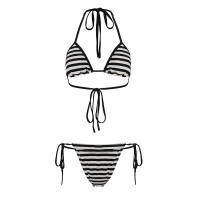 Conjunto de dos piezas de bikini a rayas sexy estilo vacacional americano Lianlianbuwang, top halter y shorts para chica atractiva - details 39