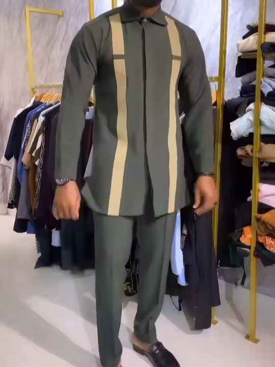 2024 Nuevo estilo de moda para hombres Camisa de manga larga + Pantalones con cuello Conjunto casual de 2 piezas - 1
