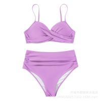 Nuevo Bikini dividido de color sólido con tiras cruzadas, traje de baño de cintura alta, sexy - details 20