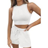 Conjunto de dos piezas de verano para mujer, chaleco sin mangas de color sólido con textura gofre y pantalones cortos casuales de moda. - details 19