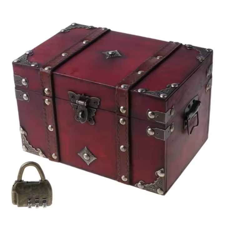 Caja del Tesoro de madera con cerradura de Color bronce, Cofre del Tesoro de diseño antiguo Vintage, contenedores de maletero de estilo Retro europeo, accesorios - 1