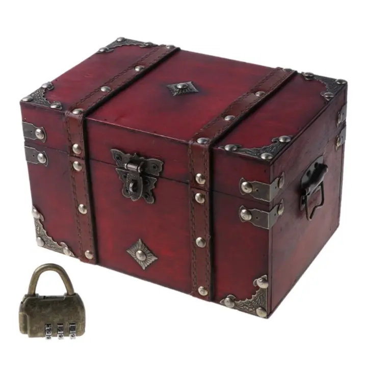 Caja del Tesoro de madera con cerradura de Color bronce, Cofre del Tesoro de diseño antiguo Vintage, contenedores de maletero de estilo Retro europeo, accesorios - 1