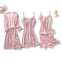 Conjunto de pijama de 5 piezas para mujer, ropa de dormir de satén Ence, suéter con cuello en V, albornoz de primavera - details 6