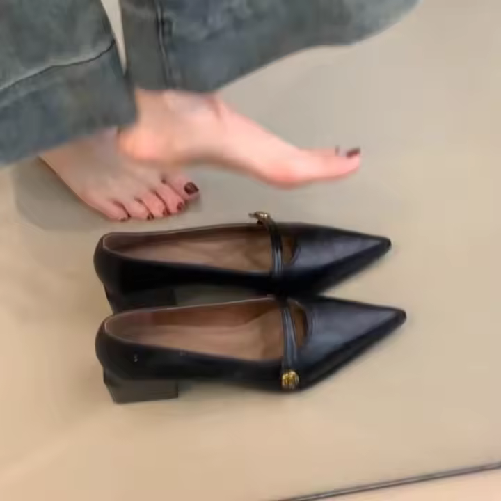 2025 nueva primavera y otoño francés puntiagudo tacón medio zapatos Mary Jane zapatos de boca poco profunda de los niños de una palabra hebilla cinturón tacón grueso zapatos individuales - 1