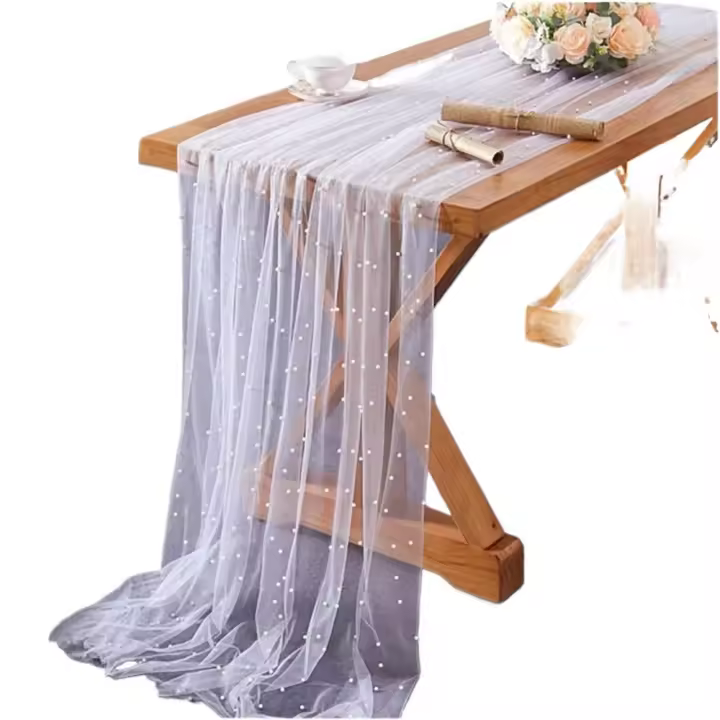 Mantel de Gaso de Perlas Cubierta de Mesa para Bodas y Fiestas de Cumpleaños 3 uds. (Blanco) - 1