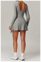Vestido deportivo antideslizante falso de dos piezas, Vestido corto de tenis con tirantes divididos y espalda en U, ropa deportiva ajustada y cómoda para Yoga y manga larga - details 5