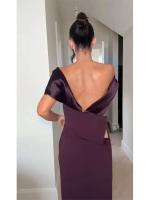 Elegante Vestido de Satén con Detalles de Parche Vestido Largo con Espalda Descubierta y Hombros Fuera Vestido de Fiesta de Moda para Mujeres - details 3