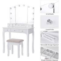Mesa de Vestir Plegable con Espejo Blanco, 10 Bombillas LED, 5 Cajones, 2 Separadores, Organizador Móvil para Manualidades - details 2