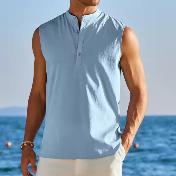 Camisetas sin mangas con cuello sin cuello estilo Hippie informal para hombre, ropa de calle, camisetas holgadas de Color sólido, ropa de verano, nueva camiseta - 1