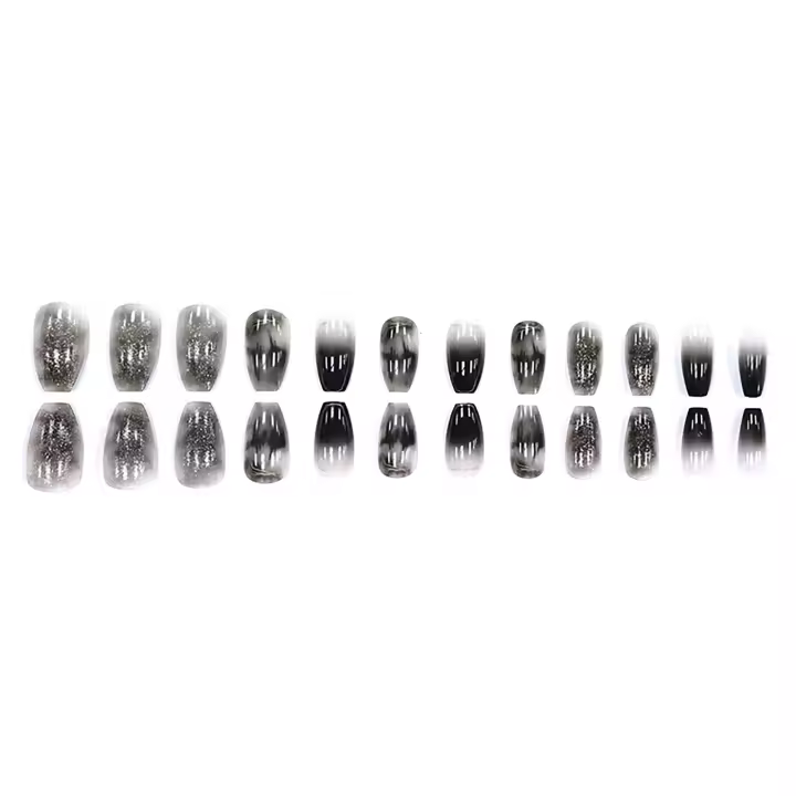 Uñas artificiales de resina reutilizables, cobertura completa de longitud media para extensión de uñas a juego, negro brillante - 1