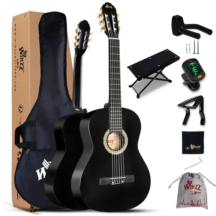 Clásica 4/4 Starter Kit 39" para Principiantes con Reposapiés, Soporte con Ganchos de Pared, Diapasón, Afinador, Funda, Paño de Pulir - 6 Cuerdas de Nylon, Negro Brillante - 1