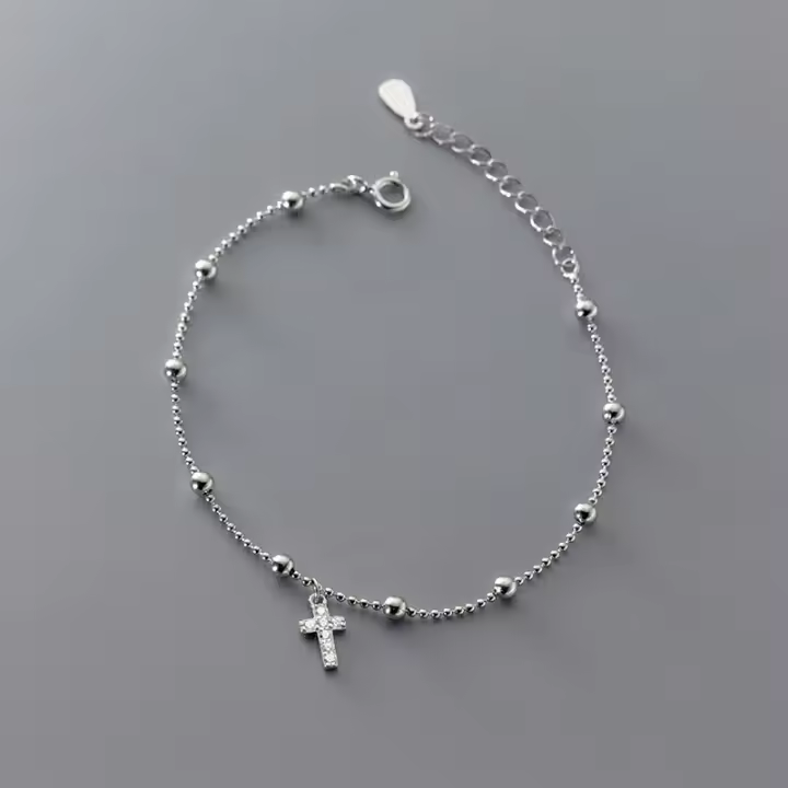 Pulsera de Perlas de Plata 925 con Cruz Christiana para Mujeres de 16 + 3,5 cm pulsera de Link de joyería de Brand normal - 1