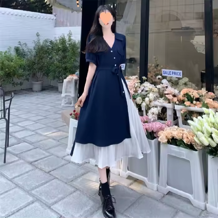 Diseño sentido falso dos piezas de temperamento artístico vestido camisero con cuello en V falda larga de cintura suave francesa de verano para mujer - 1