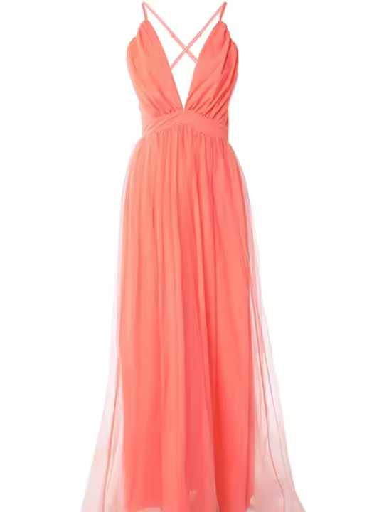 Vestido De Noche Sexy Sin Espalda Con Tirantes Finos Y Escote En V Profundo Y Abertura Alta Naranja - 1