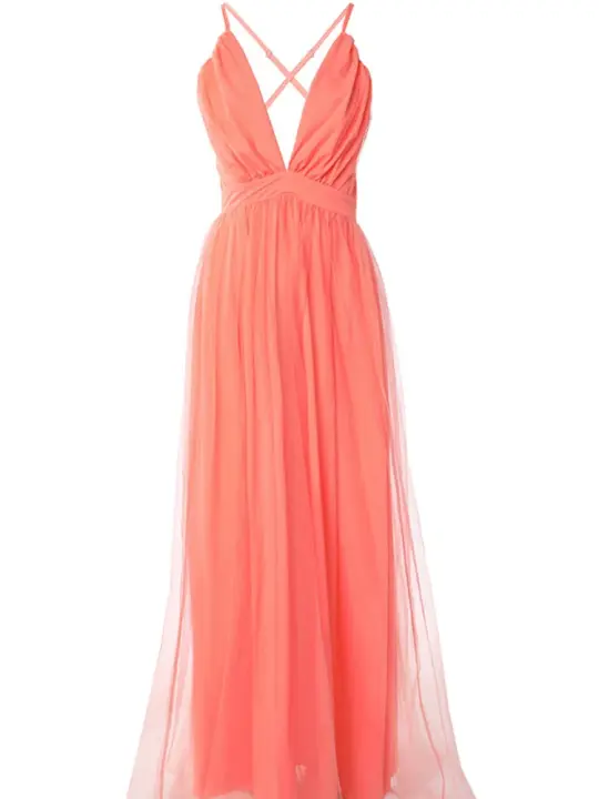 Vestido De Noche Sexy Sin Espalda Con Tirantes Finos Y Escote En V Profundo Y Abertura Alta Naranja - 1