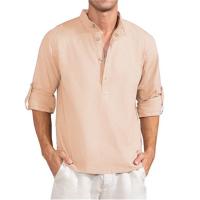Camiseta de manga larga de lino para hombre, Tops sueltos de Color sólido, camisa de lino de algodón transpirable informal, primavera y verano - details 4