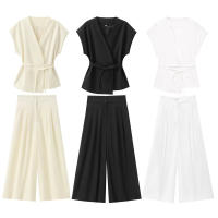 OUWU- Conjunto De Pantalones De Verano Para Mujer, Tops Sin Mangas Con Cordones De Doble Solapa + Bolsillo Con Cremallera, Plisado, Sólido, Holgado, Informal - details 1