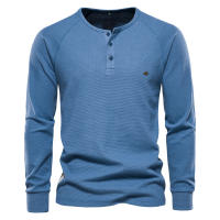 Camiseta de manga larga con cuello Henry para hombre, camisa de manga larga con diseño de gofres, color sólido, para otoño e invierno, talla europea - details 1