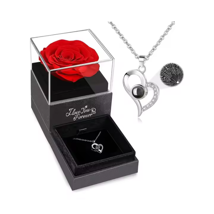 Caja de Regalo Hecha A Mano con Flor de Rosa Eterna con cuello, te amo para Su Esposa Novia en Cumpleaños Aniversario - 1