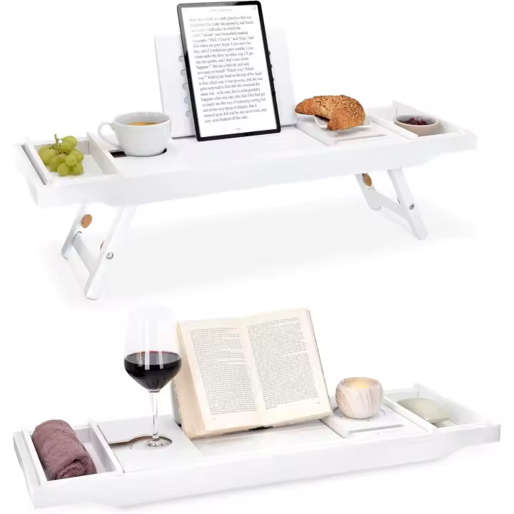 Navaris Bandeja Plegable para Cama - Mesa de bambú para bañera y sofá con patas - Bandeja con soporte para colocar varios objetos - Mesa auxiliar - 1