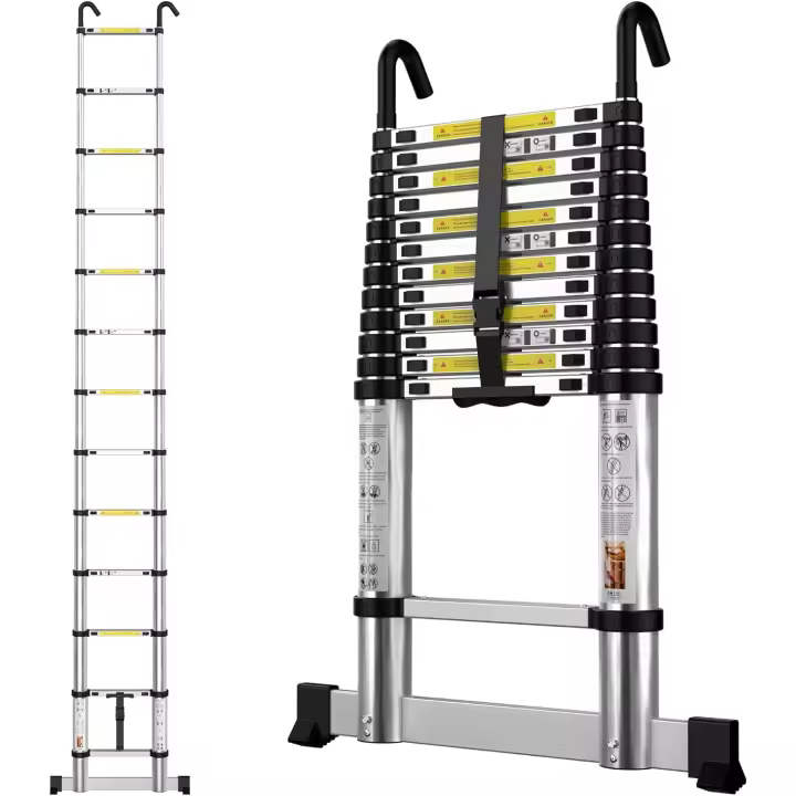 Escaleras Plegables de Aluminio Portátiles 3,8m Escalera Telescópica con Barra Estabilizadora y Ganchos Extraíbles Ideal para Mantenimiento del Hogar, Camping, Carga de 150 KG - 1