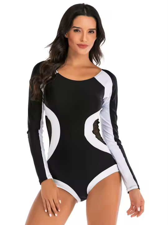 Traje de baño de una pieza con mangas largas y detalles de colores contrastantes, traje de surf y buceo de corte alto con - 1