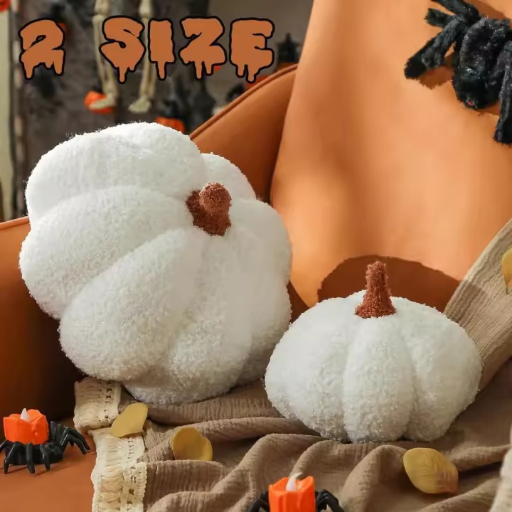 Cojín de calabaza de Halloween - Forma redonda, color naranja, terciopelo de peluche - Decorativo para otoño, cama - 1