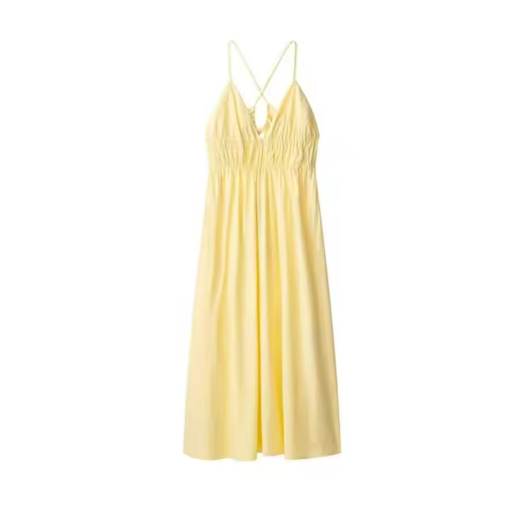 Vestido de noche elegante OUWU Cadena larga amarilla con cuello en V Ropa de playa para vacaciones de verano - 1